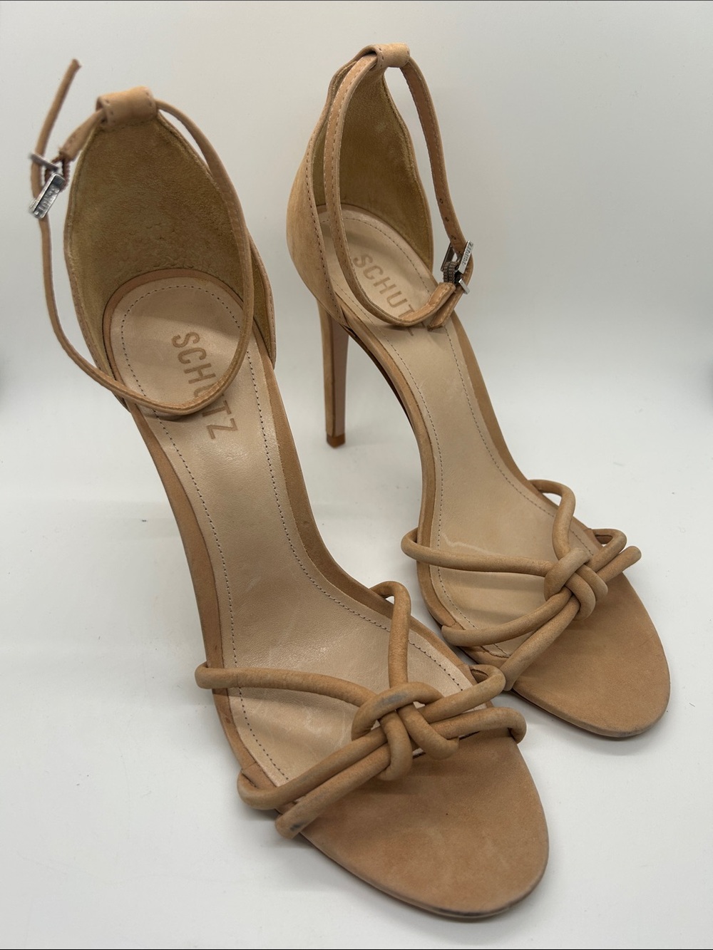 SCHUTZ Beige Leather Knotted Strap Stiletto Sandals Heels Shoes **Size 9.5** 🔥🔥